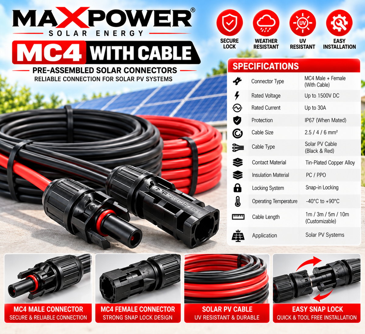 MaxPower MC4 With Cable – Pre-Assembled Solar PV Connector Set