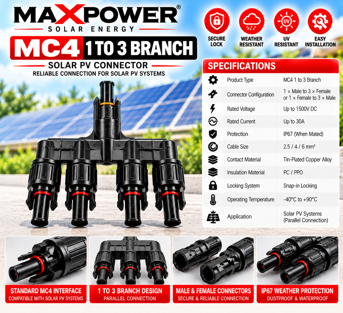 MaxPower MC4 1-to-3 Branch – Solar PV Parallel Connector