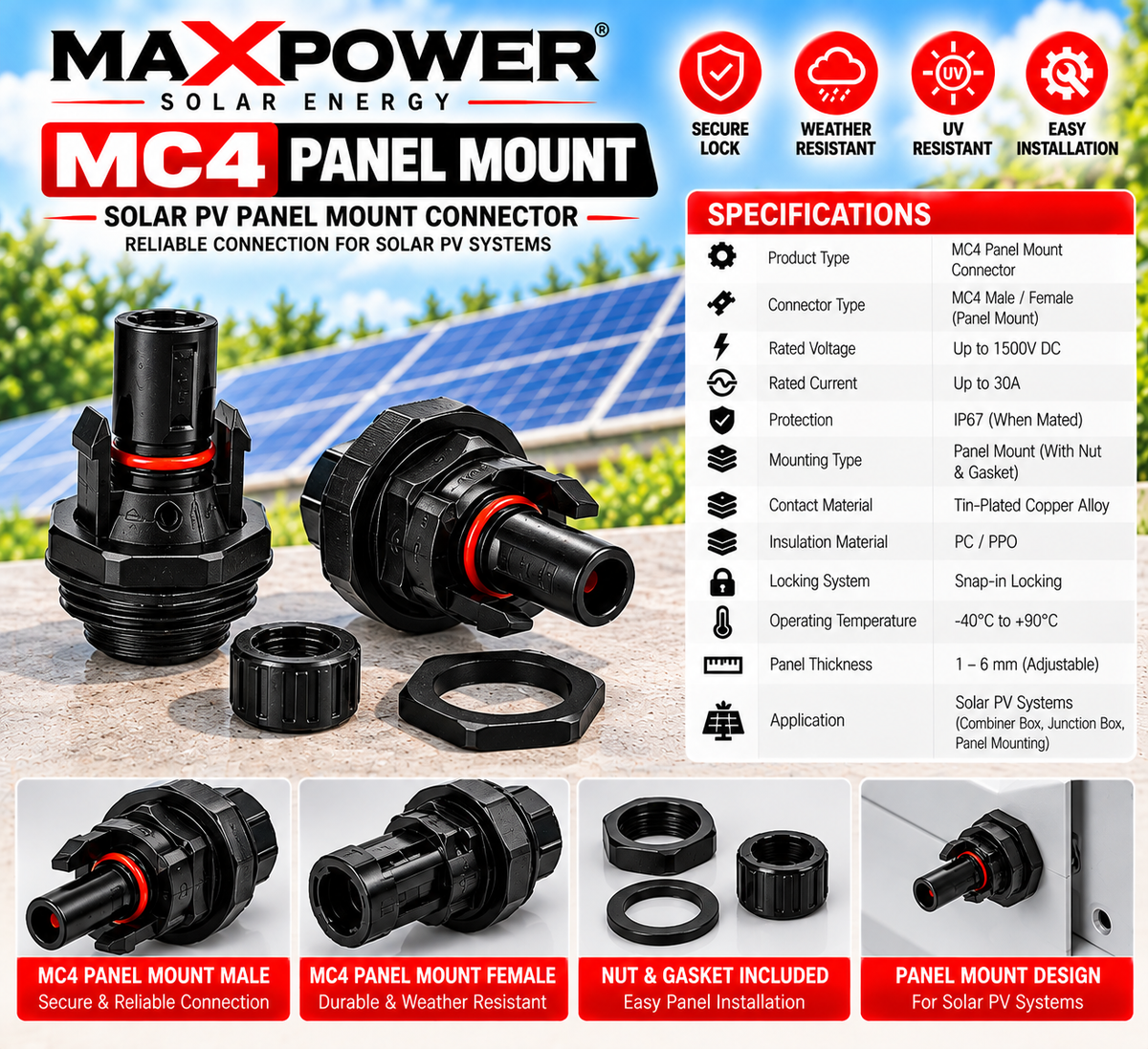 MaxPower MC4 Panel Mount Connector – Male & Female