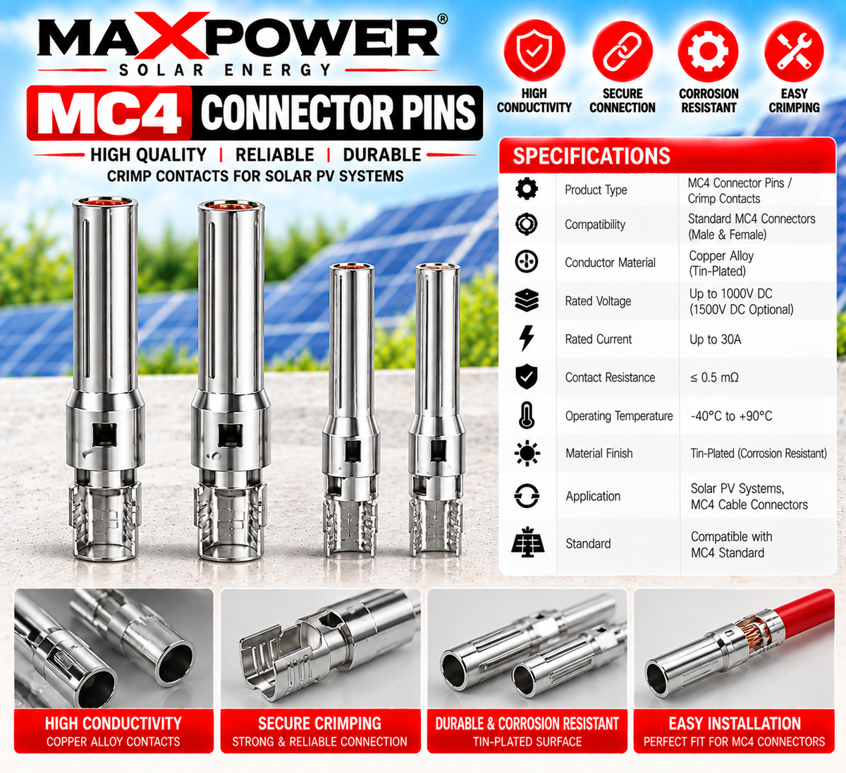 MaxPower MC4 Connector Pins / Crimp Contacts – Solar PV