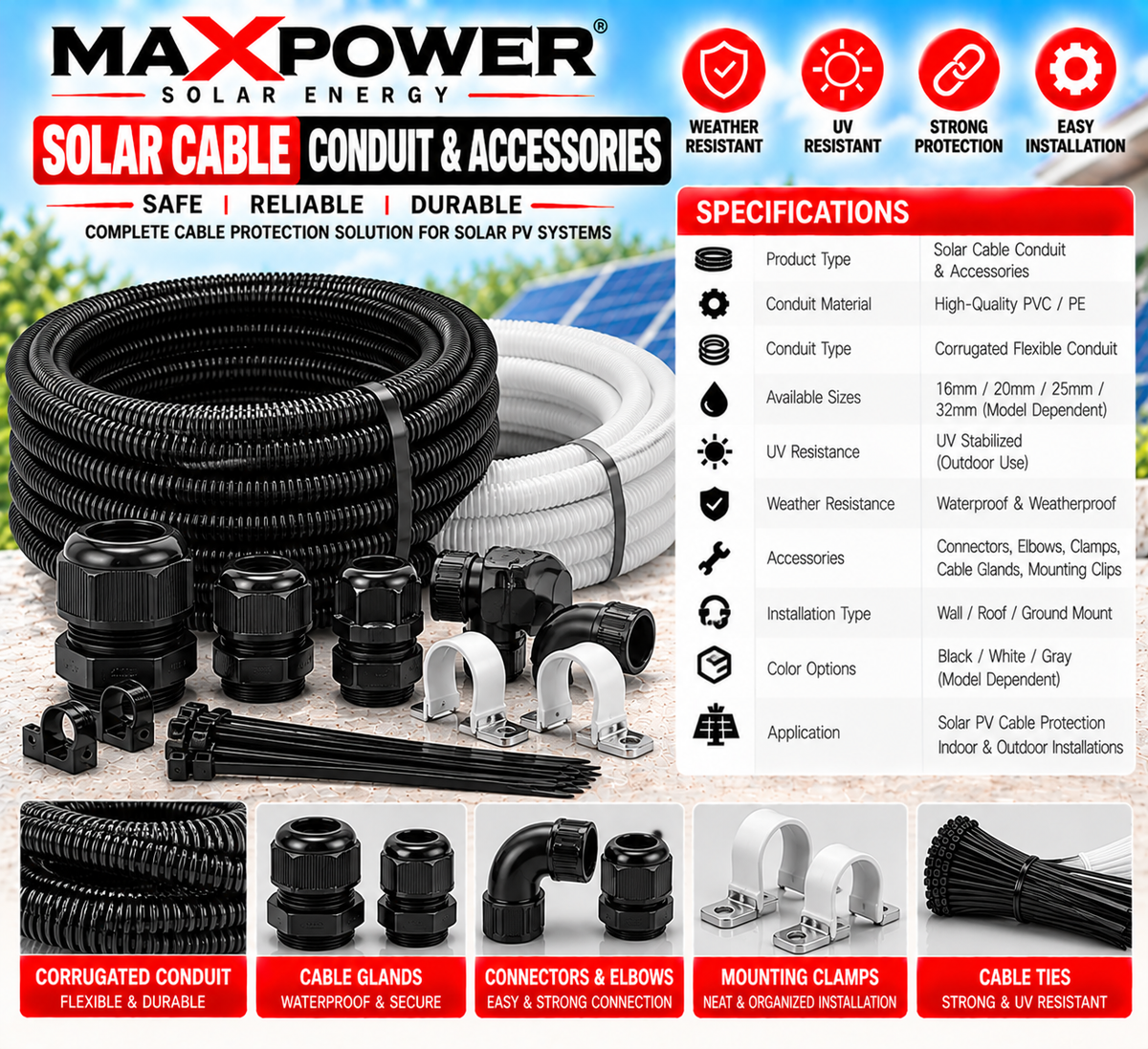 MaxPower Solar Cable Conduit & Accessories – PV Cable Protection System