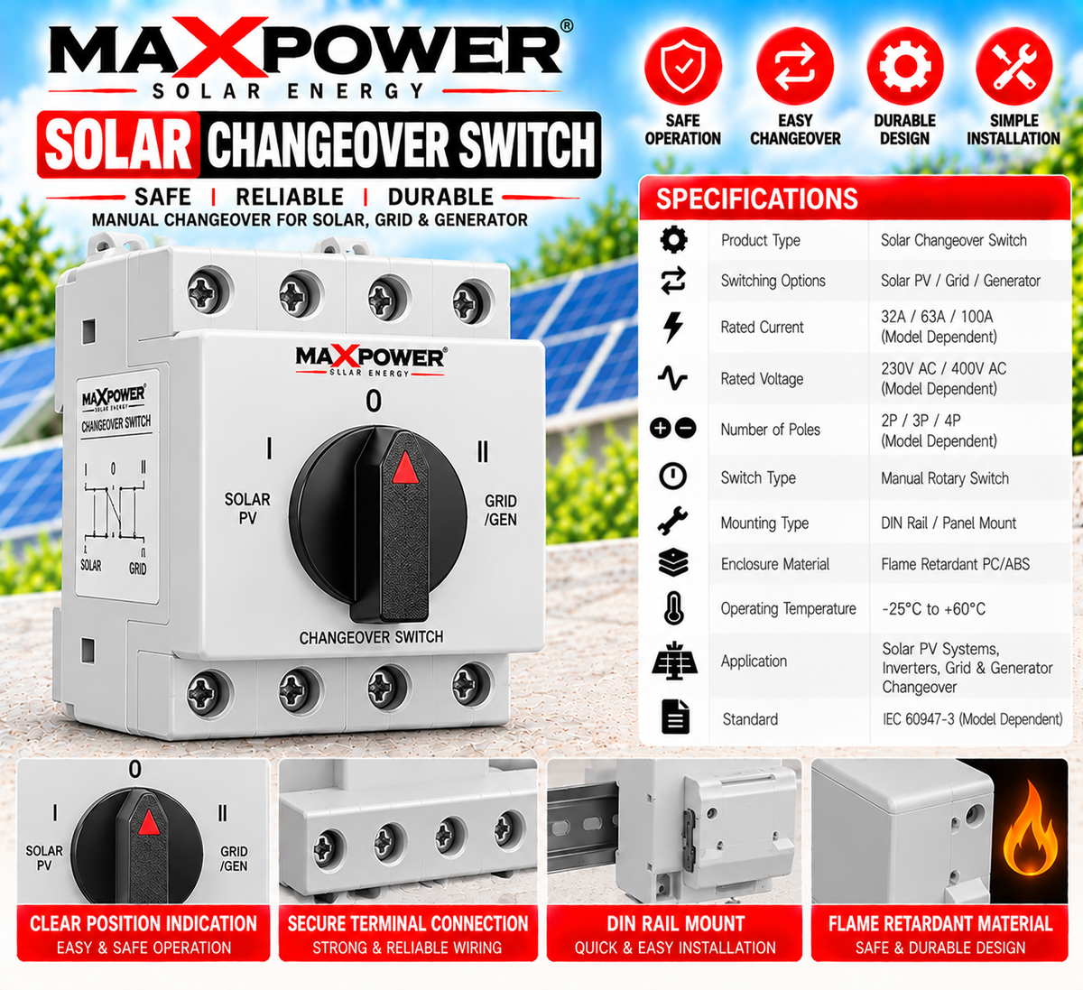 MaxPower Solar Changeover Switch – Solar / Grid / Generator