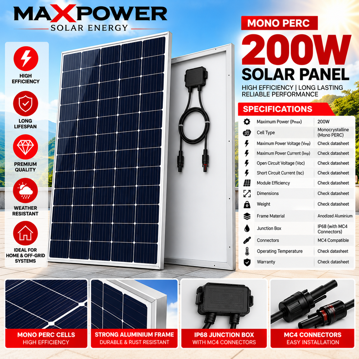 MaxPower 200W Mono PERC Monocrystalline Solar Panel
