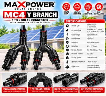MaxPower MC4 Y Branch – 1 to 2 Solar PV Connector
