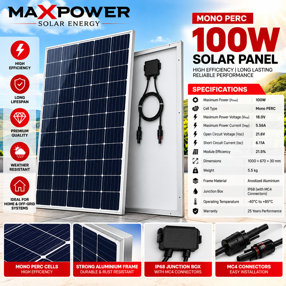 MaxPower 100W Mono PERC Solar Panel