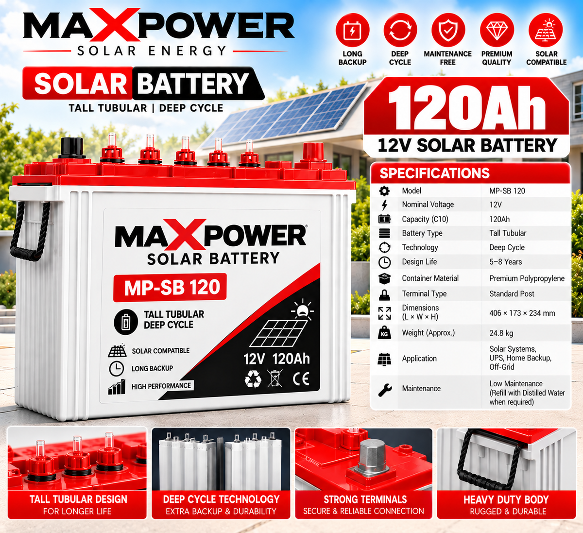 MaxPower MP-SB 120 – 12V 120Ah Tall Tubular Solar Battery